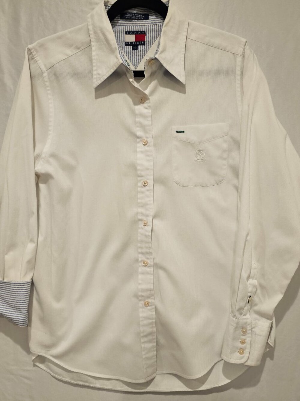 Tommy Hilfiger White Button Down Shirt 10 Long Sleeve with Contrast Striped Cuff